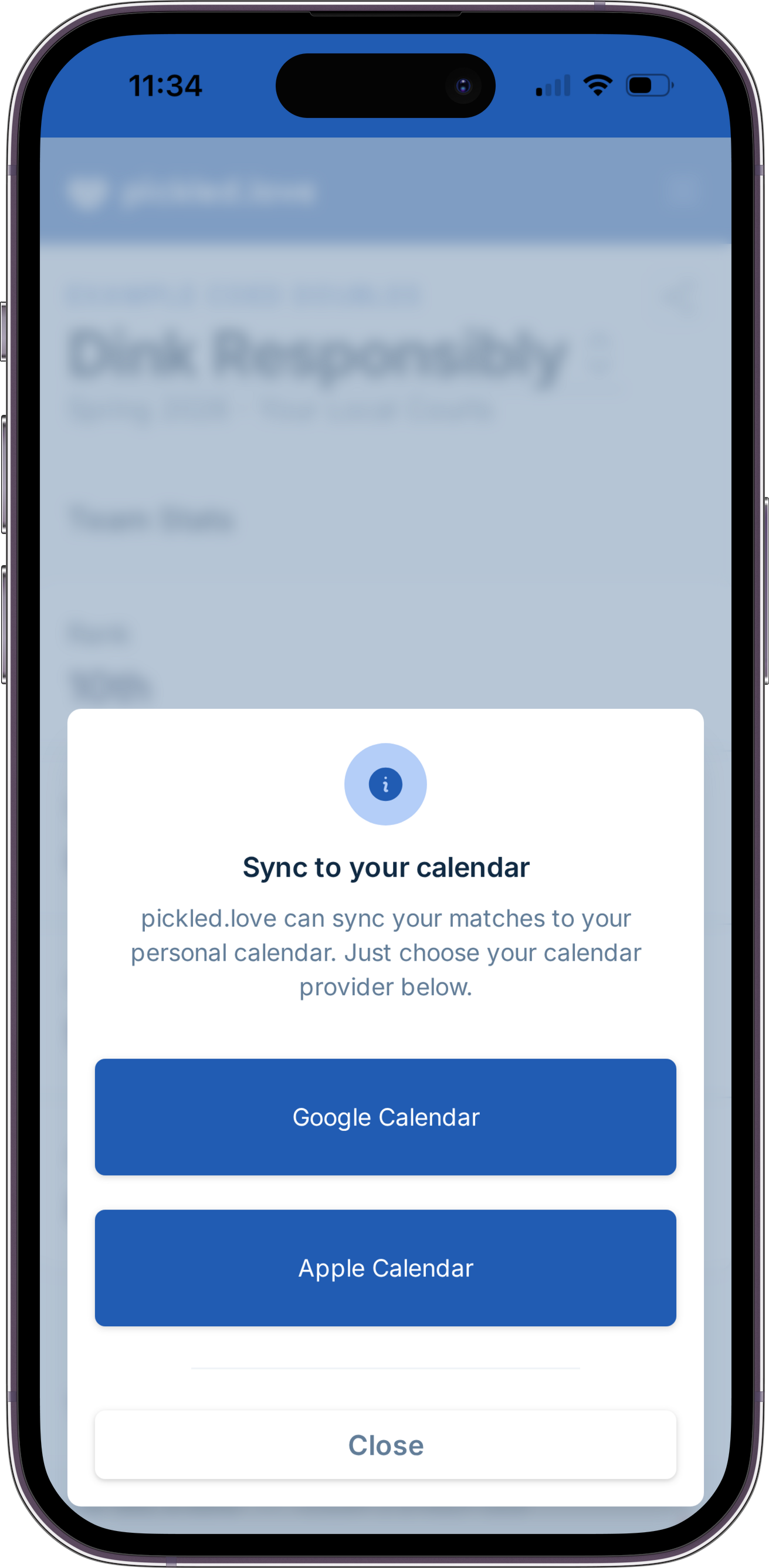 A screenshot showing the options of subscribing to a team calendar, which allows syncing to Google Calendar and Apple Calendar