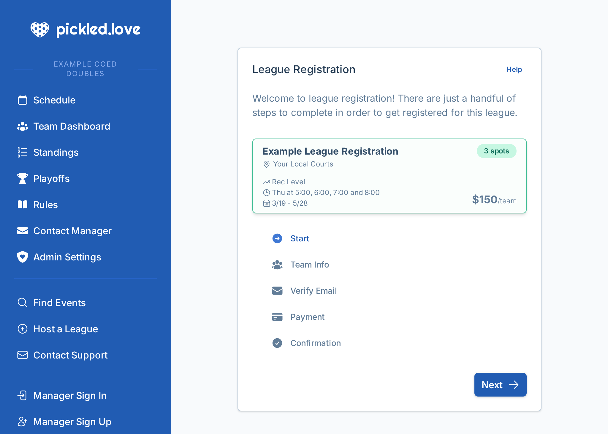 A screenshot of the team registration experience