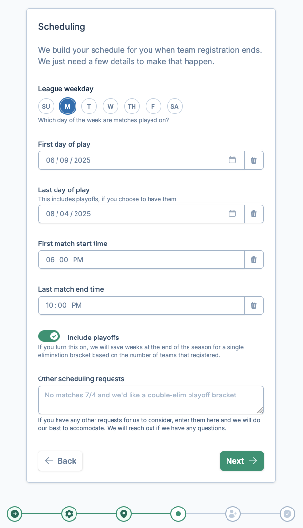 Create league wizard scheduling page screenshot