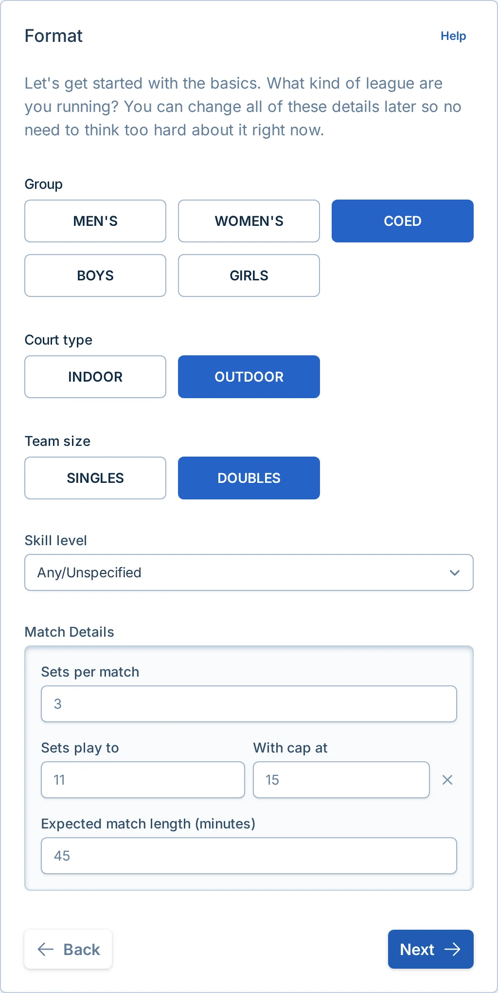 Create league format step in pickled.love, a pickleball league setup platform