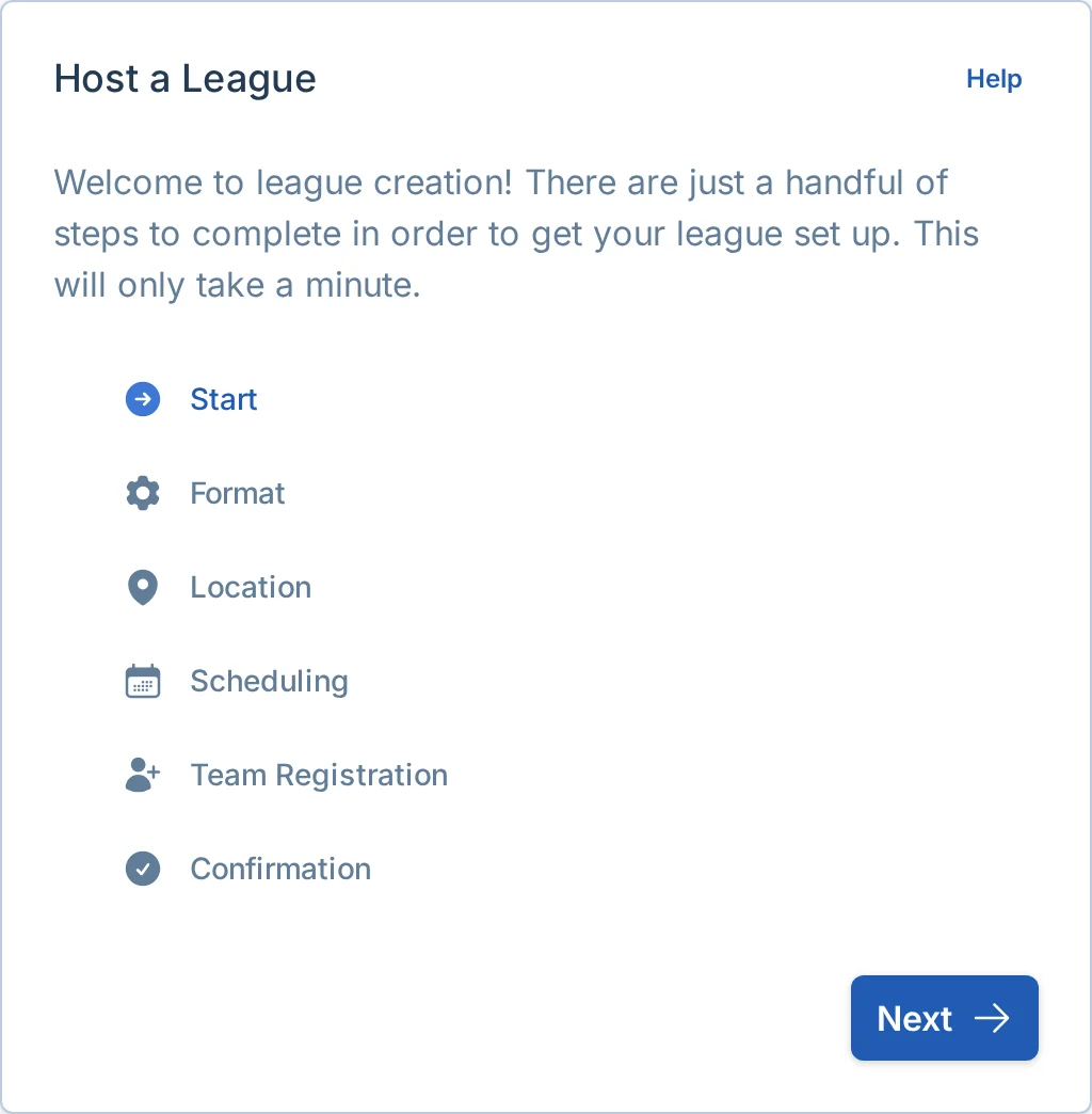 Create league wizard start screen in pickled.love, a pickleball league launch platform