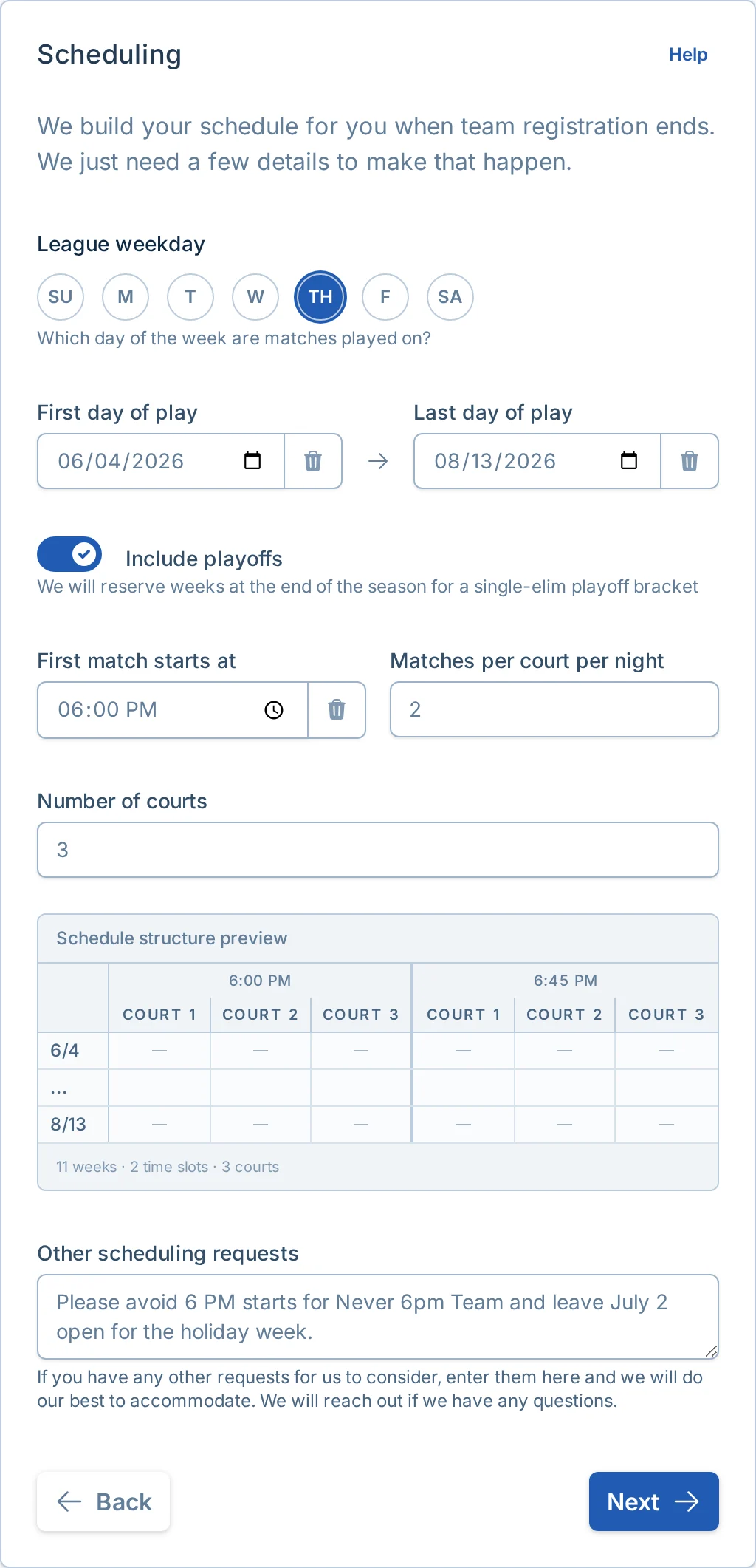Create league scheduling step in pickled.love, a pickleball schedule builder for league managers