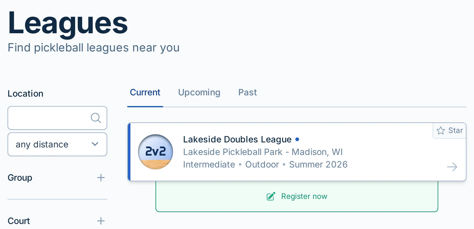 Find Leagues page in pickled.love, a pickleball league discovery and registration app