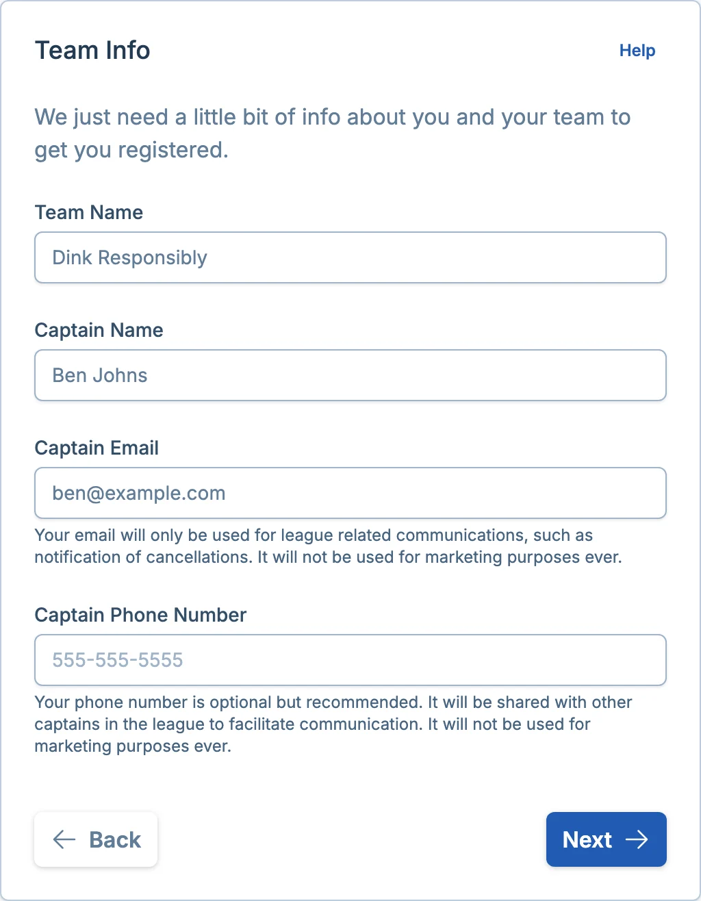 Team info step in the pickled.love registration flow for adult pickleball leagues