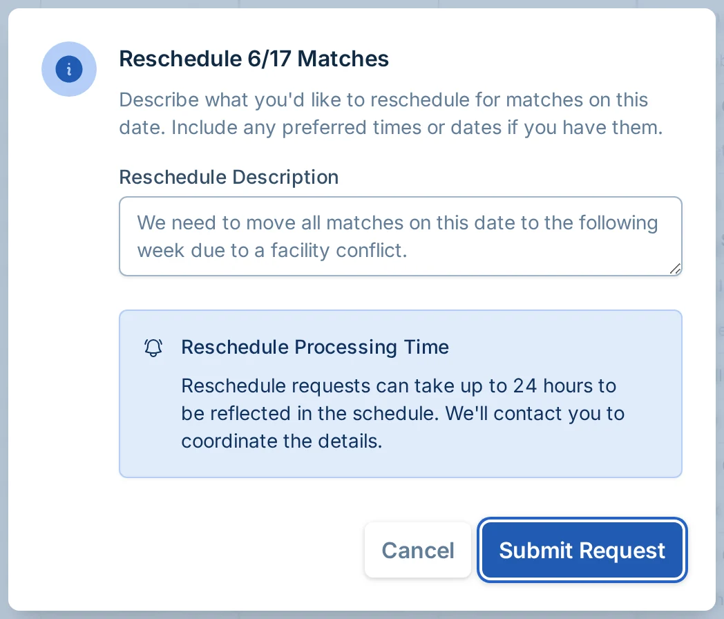 Request all matches on one date to be rescheduled in pickled.love, a pickleball schedule management app