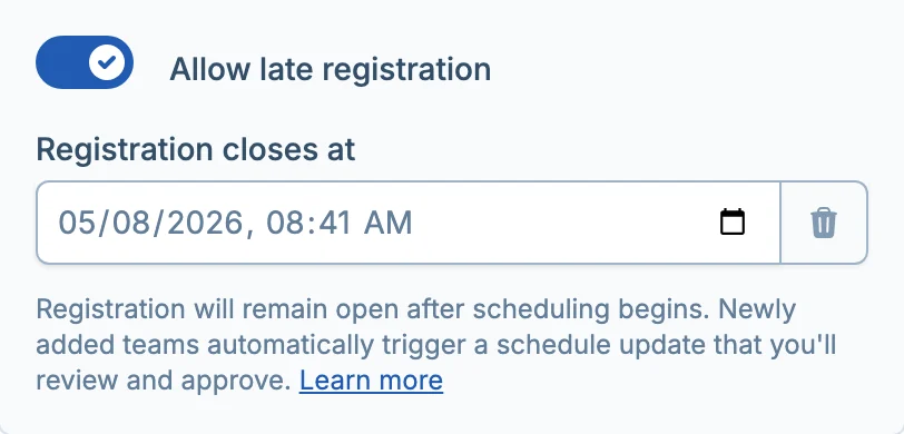 Late registration settings in pickled.love, a pickleball registration management platform