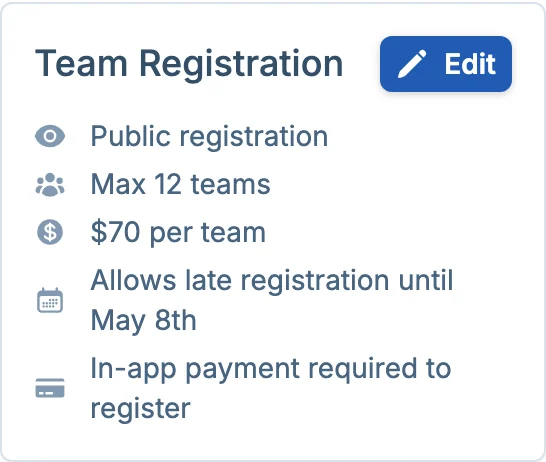 Team registration summary in pickled.love, a pickleball signup platform for league managers